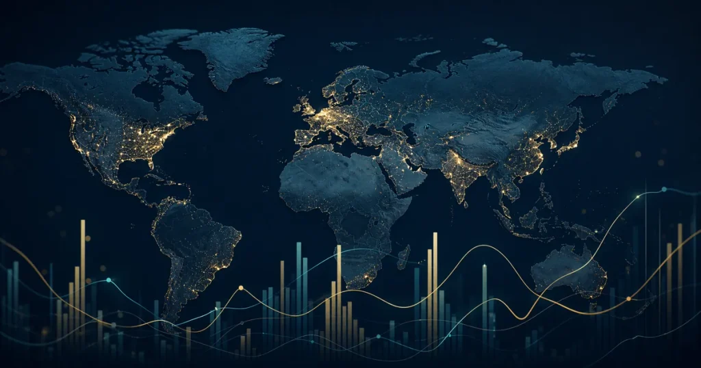 World map showing millionaire concentrations and wealth data across North America, Europe, and Asia.